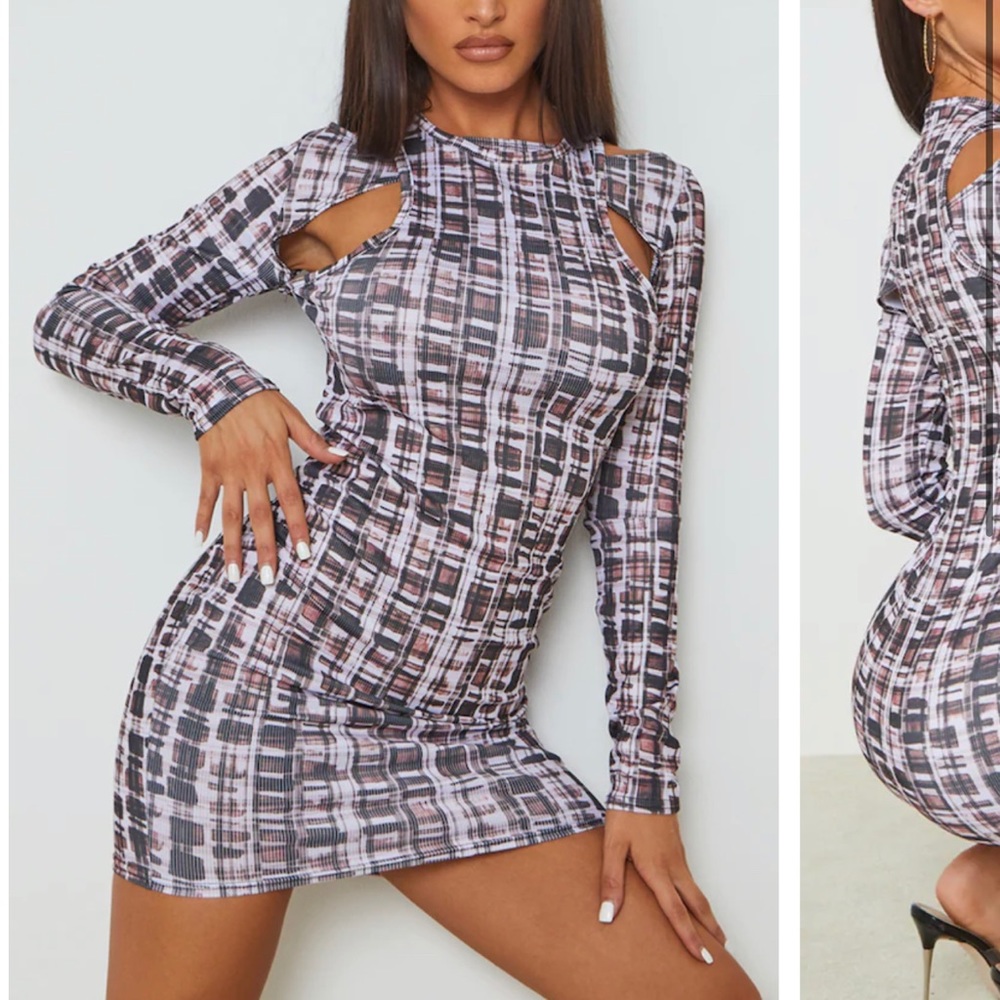 Multi Checked Print Ribbed Cut Out Sleeve Dress